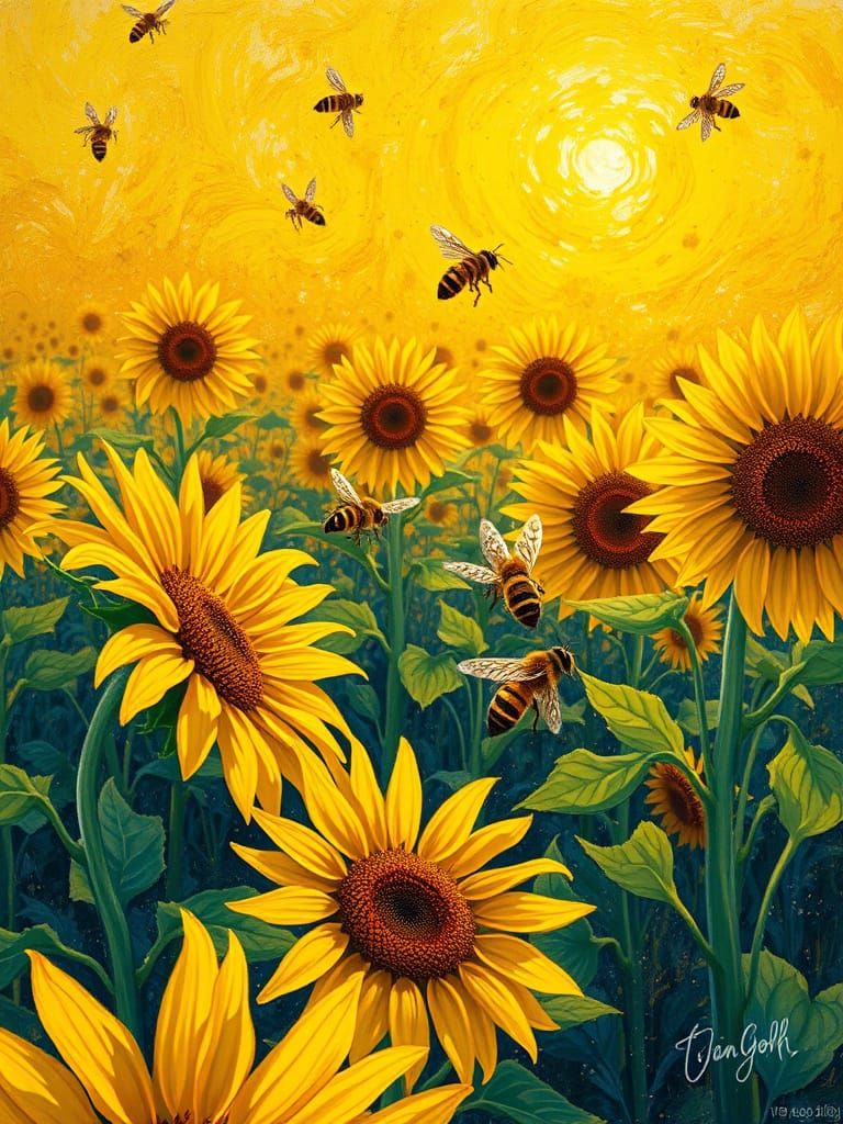Surreal Sunflower Field with Dancing Bees in Expressive Brus...