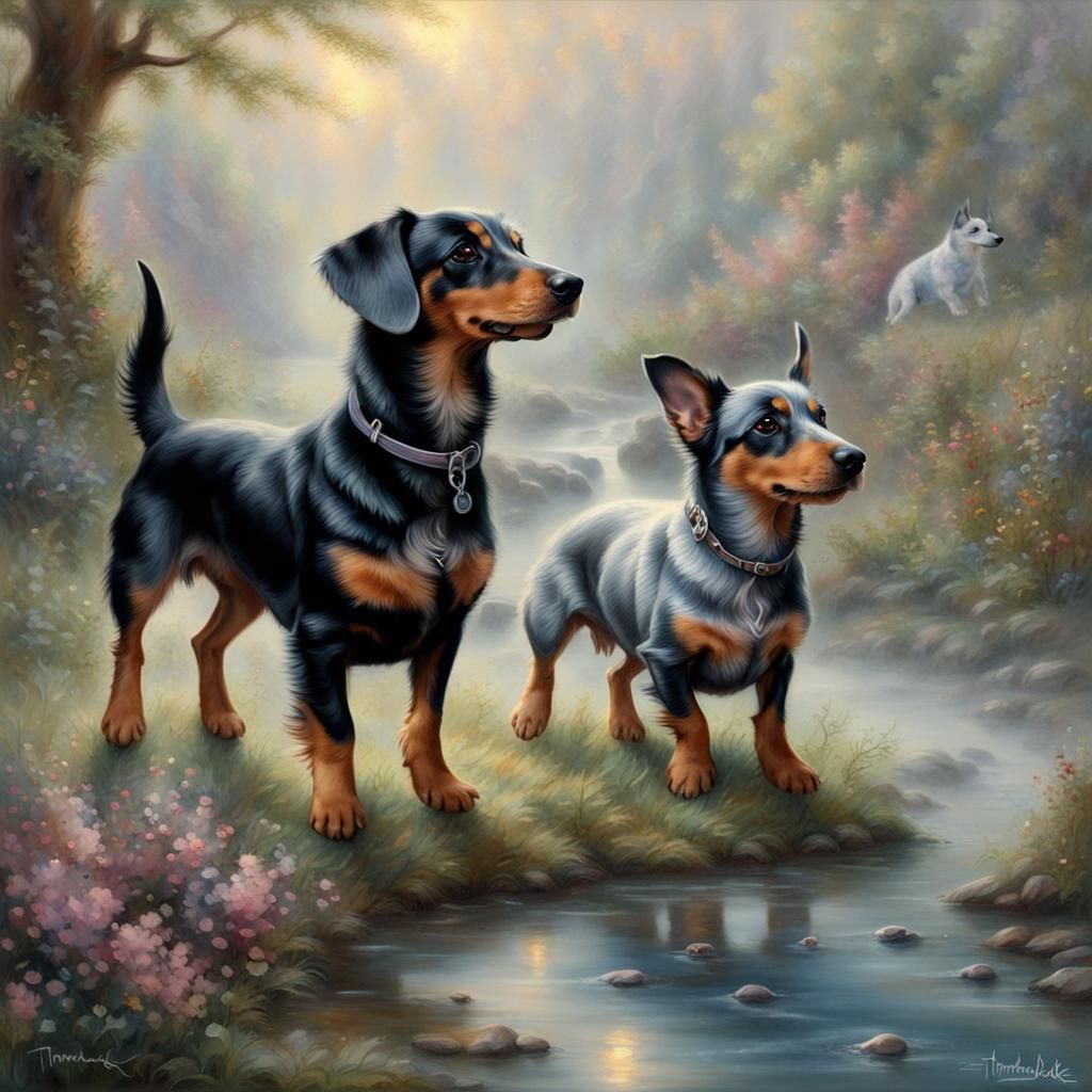 Dogs Playing in Ethereal Fantasy Landscape