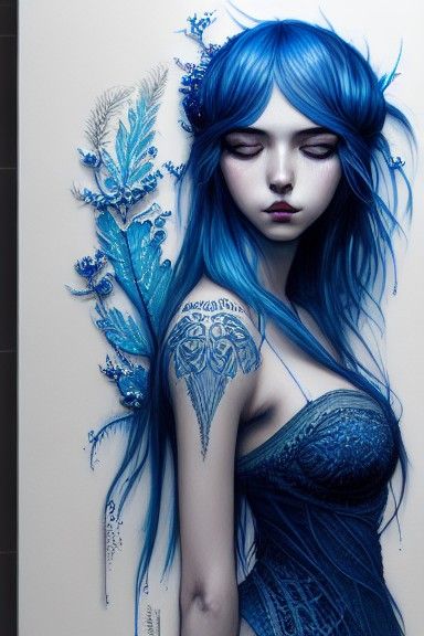 Blue-Haired Goddess in Hyperrealistic Digital Art