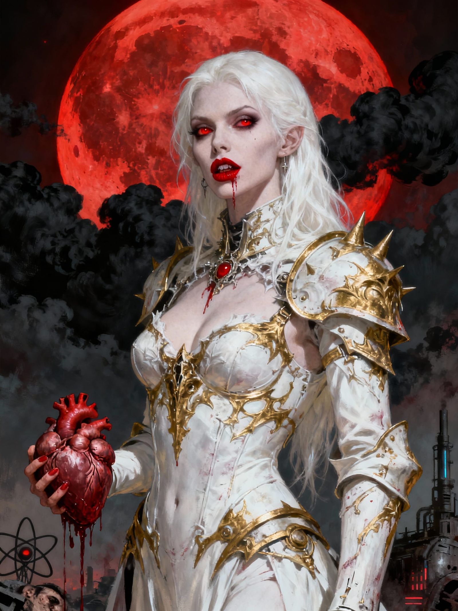 Albino Vampire in Gothic Armor Holding Heart Under Blood Moo...