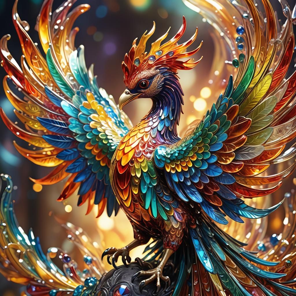 Enameled Glass Phoenix Figurine in 3D Rendered Style