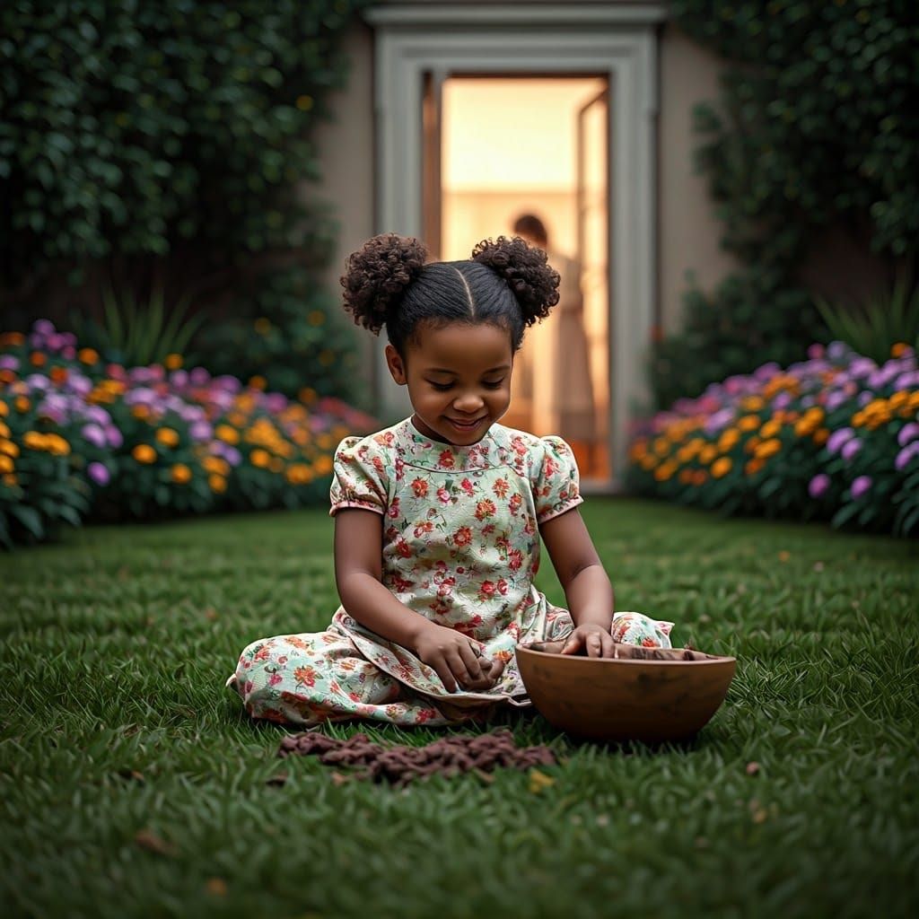 Girl Making Mud Pies in Lush Backyard
