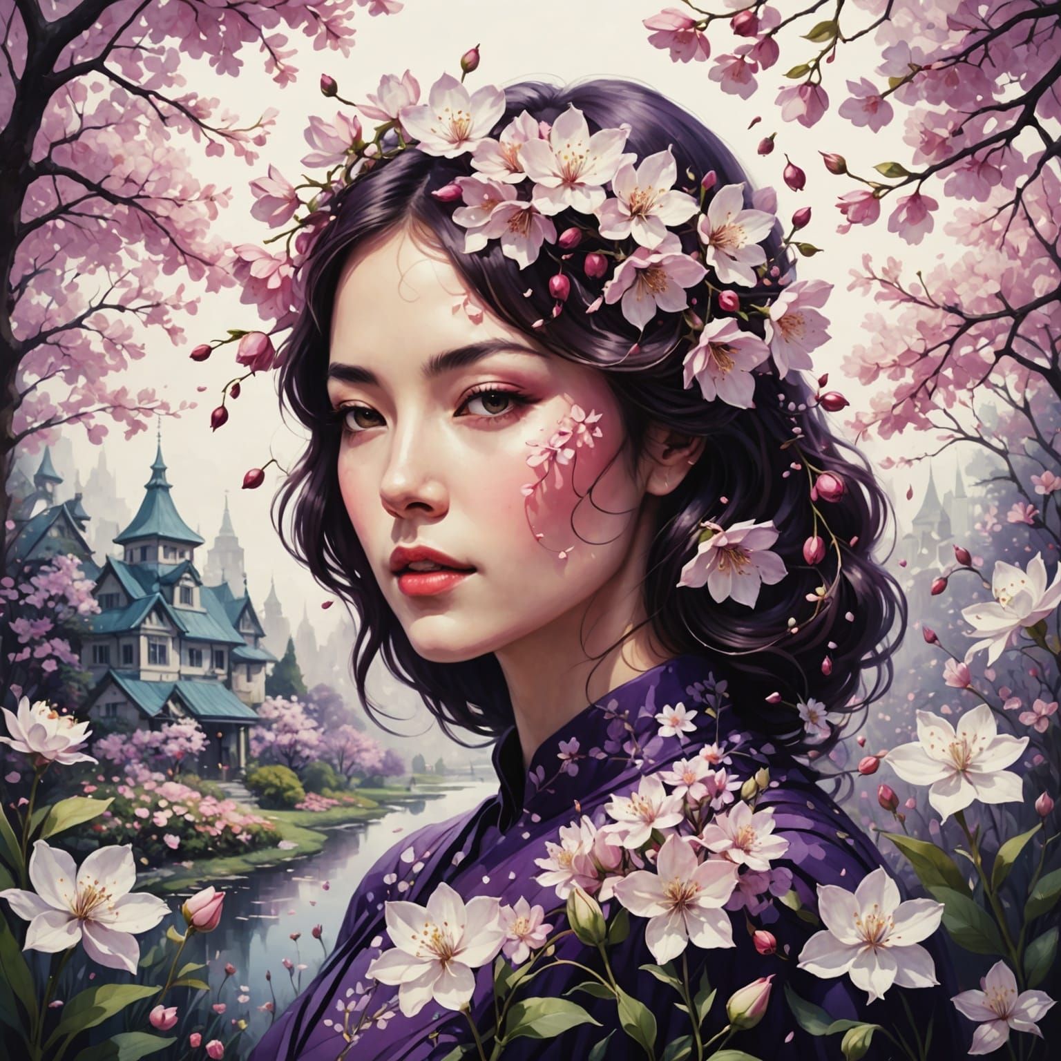 Surreal Cherry Blossom Goddess Unveils Hidden Garden