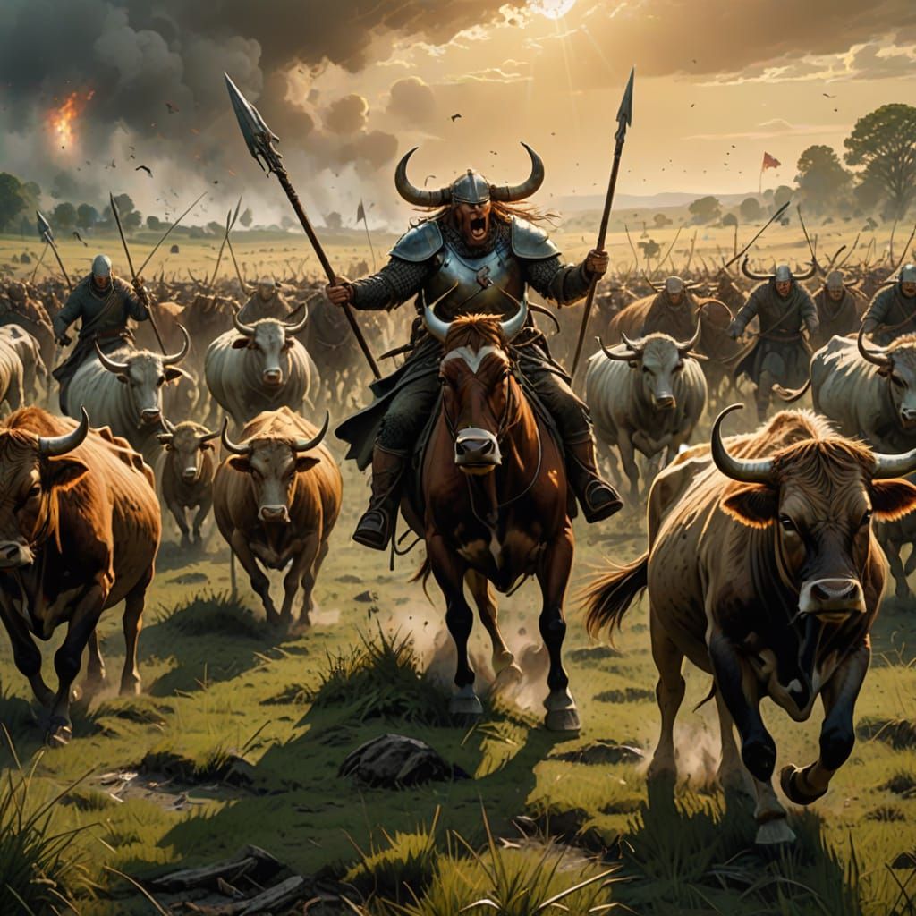 Cows Charge into Battle in a Vibrant Medieval Landscape