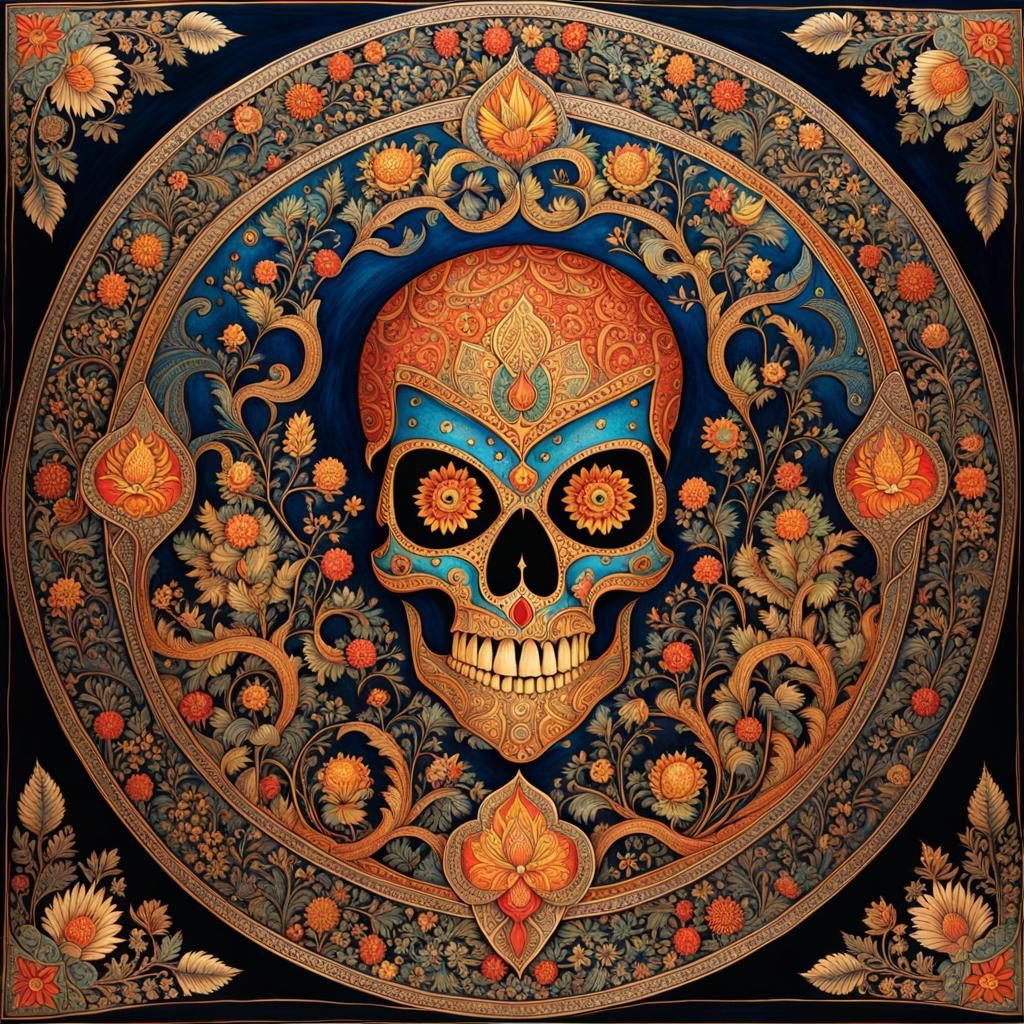 Ghost Rider: Fiery Skull Warrior in Mughal Miniature Style