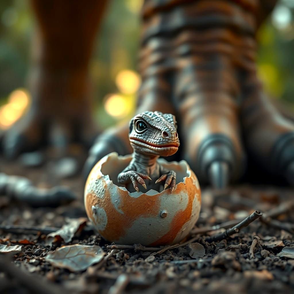 Fantasy Realistic Dinosaur Hatches from Egg in Enchanted For...
