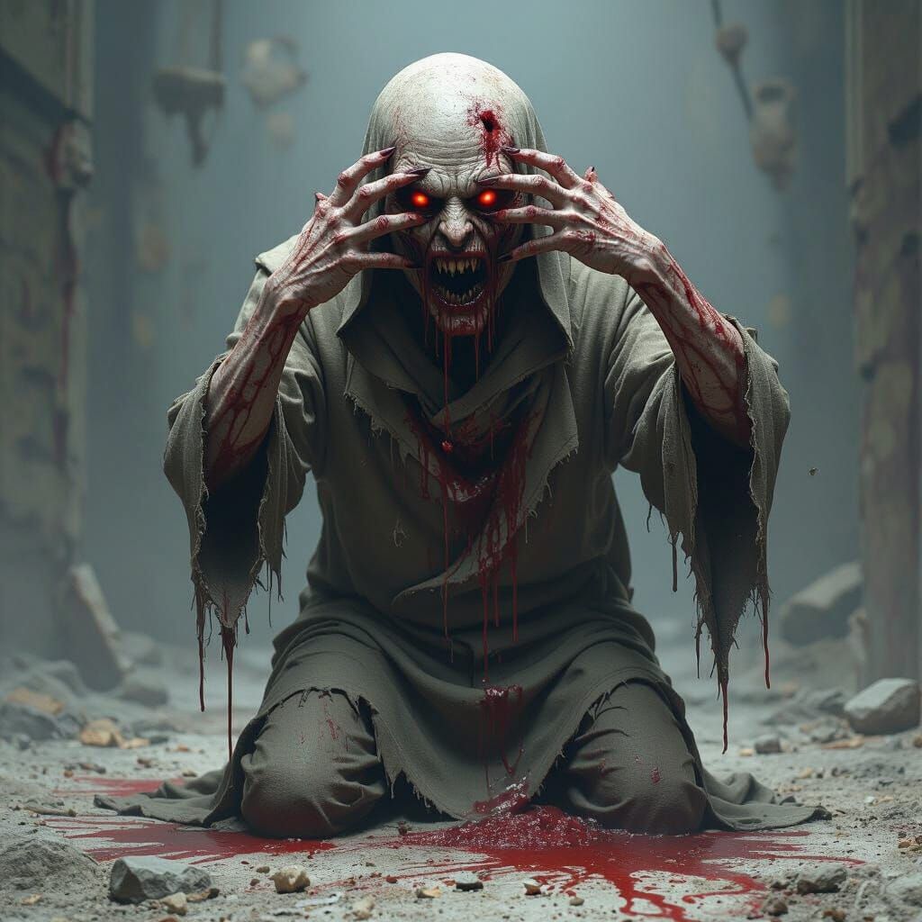 Grotesque Creature Ripping Out Eyes in Horror Style