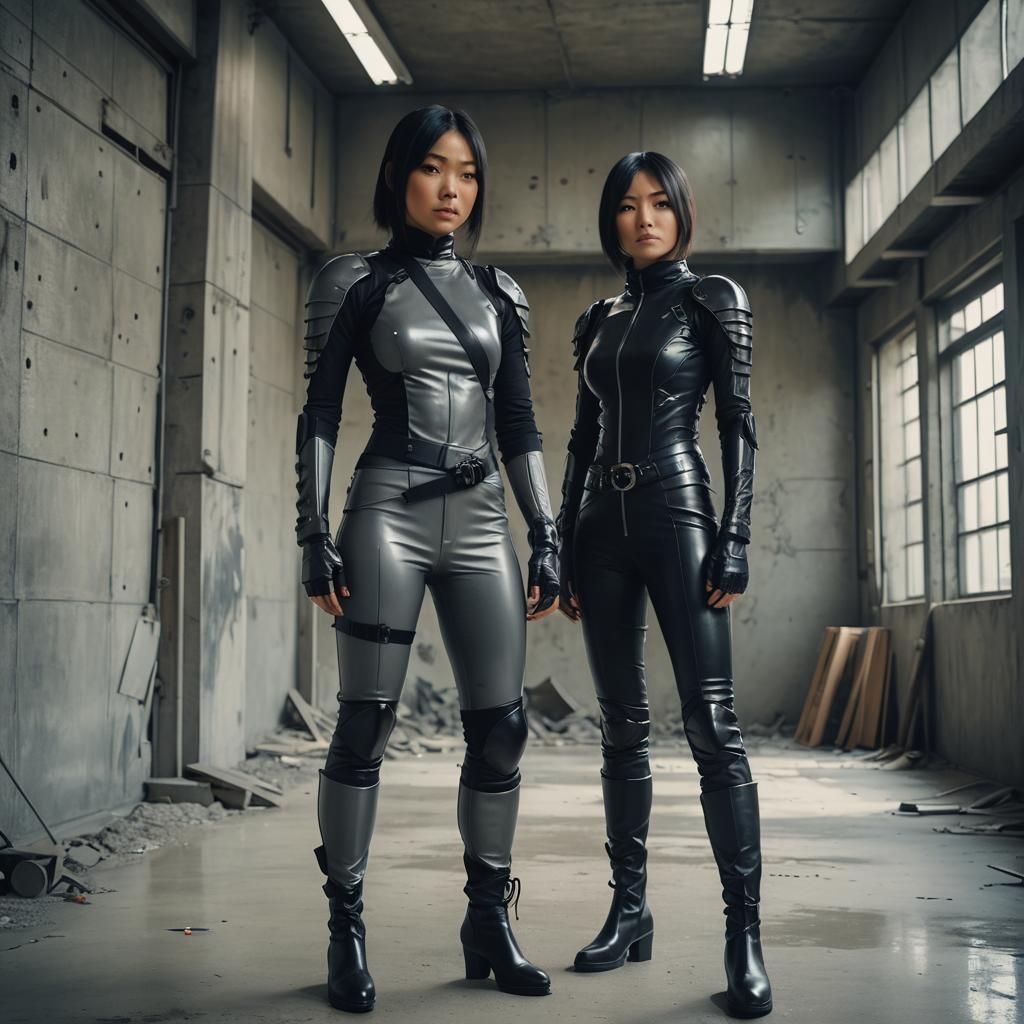 Confident Asian Ninja in Brutalist Interior as Anime Art