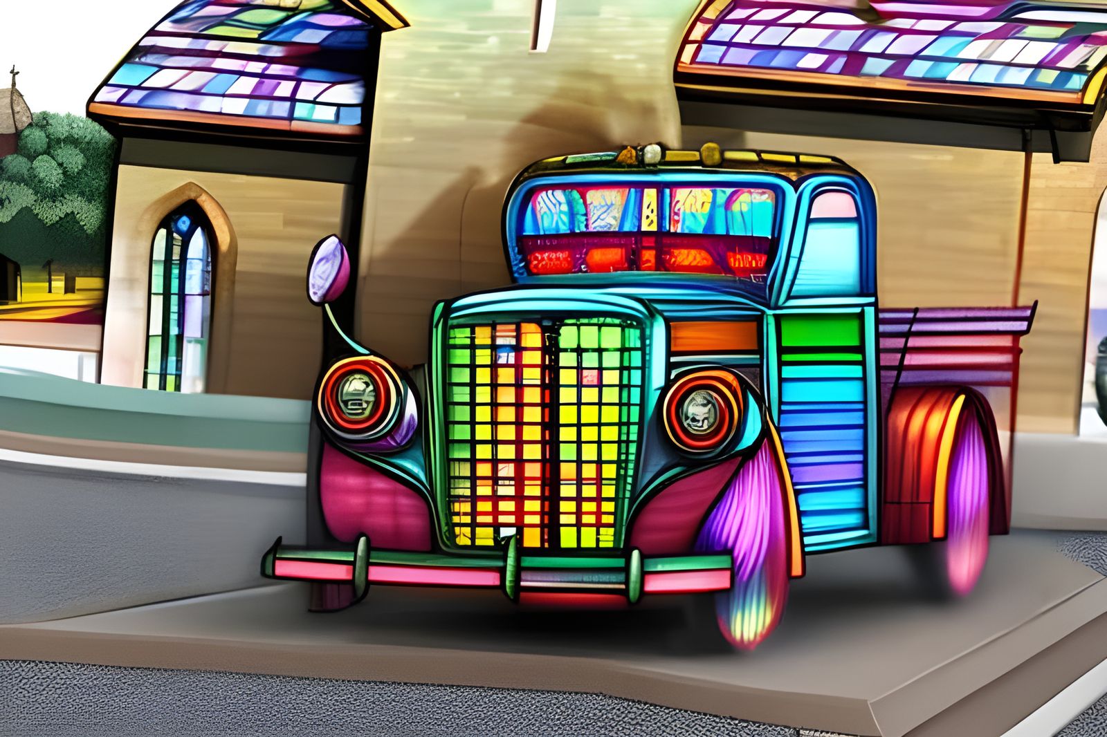 Stained Glass Truck in Dark Fantasy Style