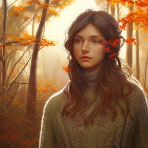 Cherokee Girl in Autumn Woods, Hyperdetailed Portrait