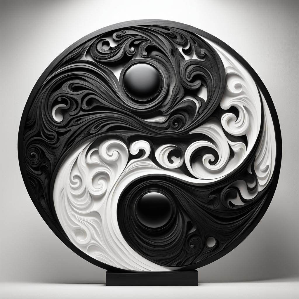 Embossed Ebony Yin Yang Sculpture in Black and White