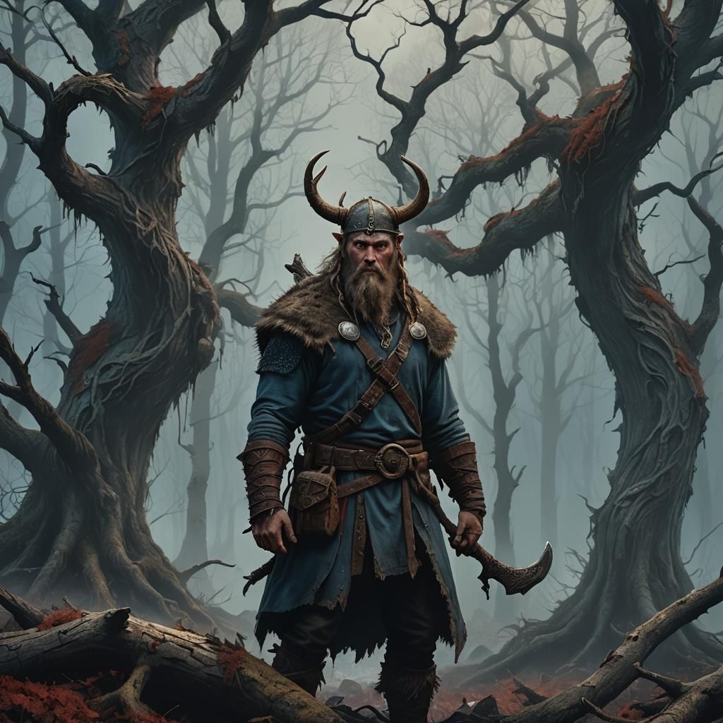 Pathetic Viking with Shrunken Head in Misty Forest
