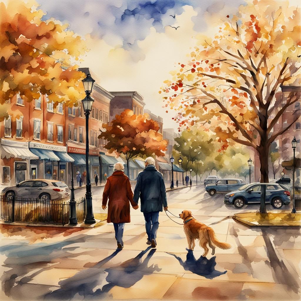 Couple and Dog Stroll: Watercolor Painting