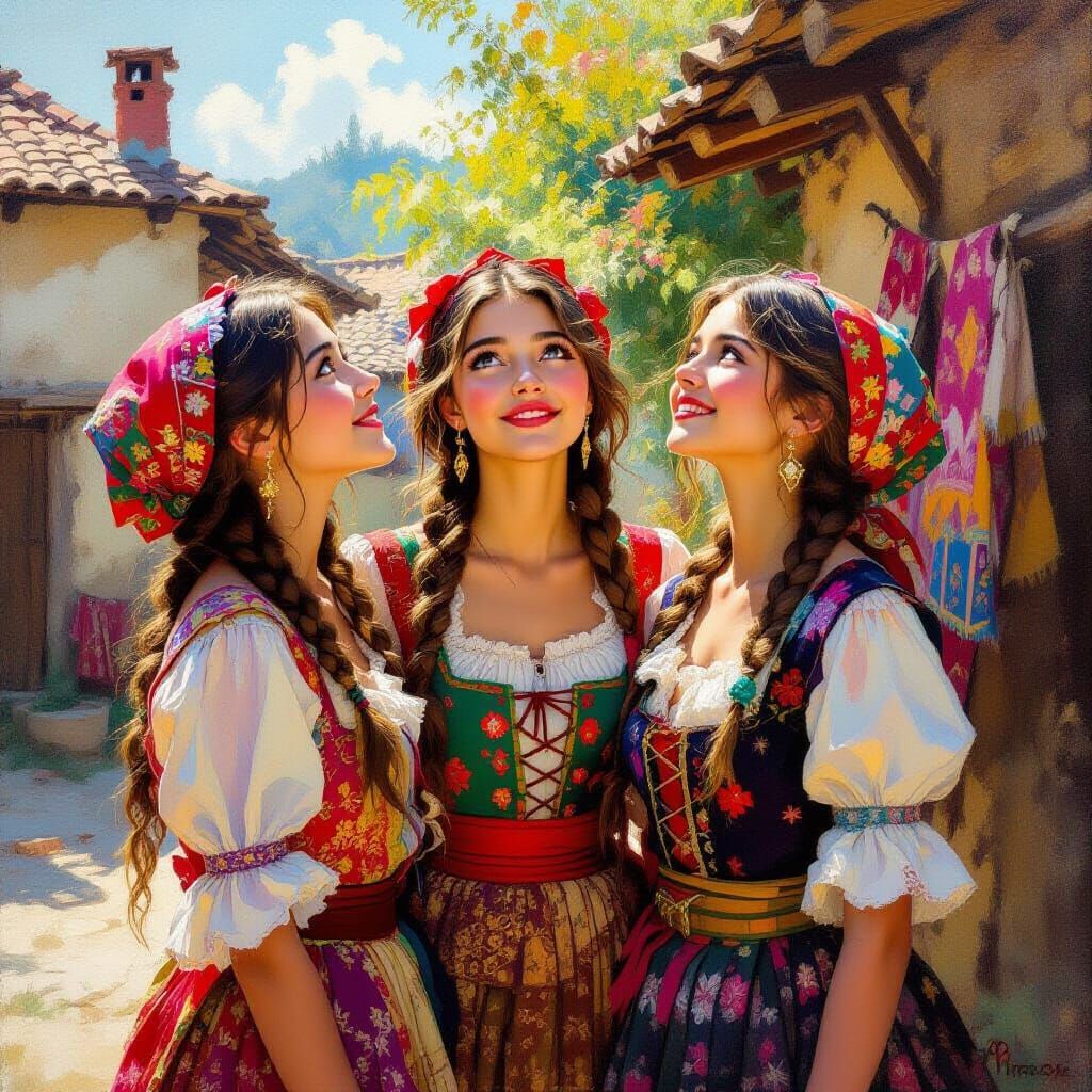 Hopeful Romanian Girls in Traditional Attire, Oil Painting