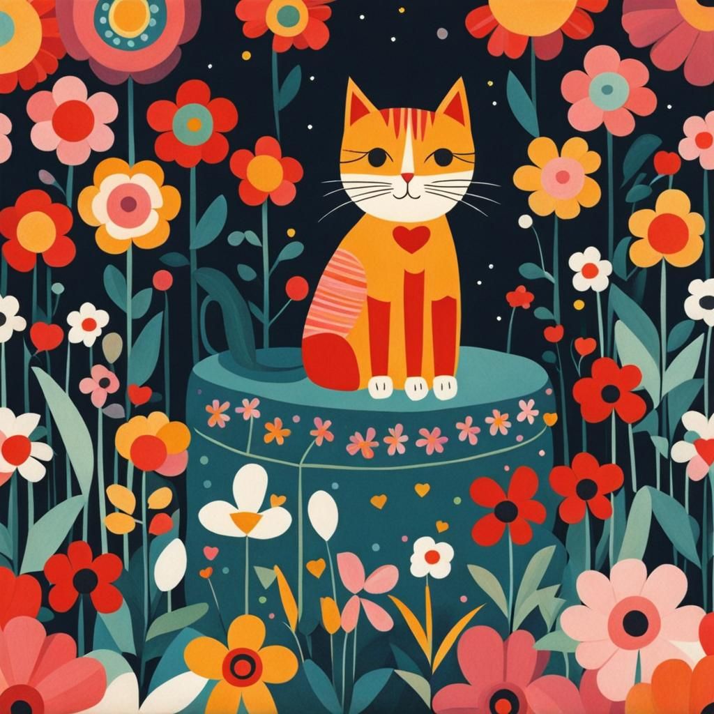 Whimsical Cat Surrounded by Flowers in Mid-Century Style