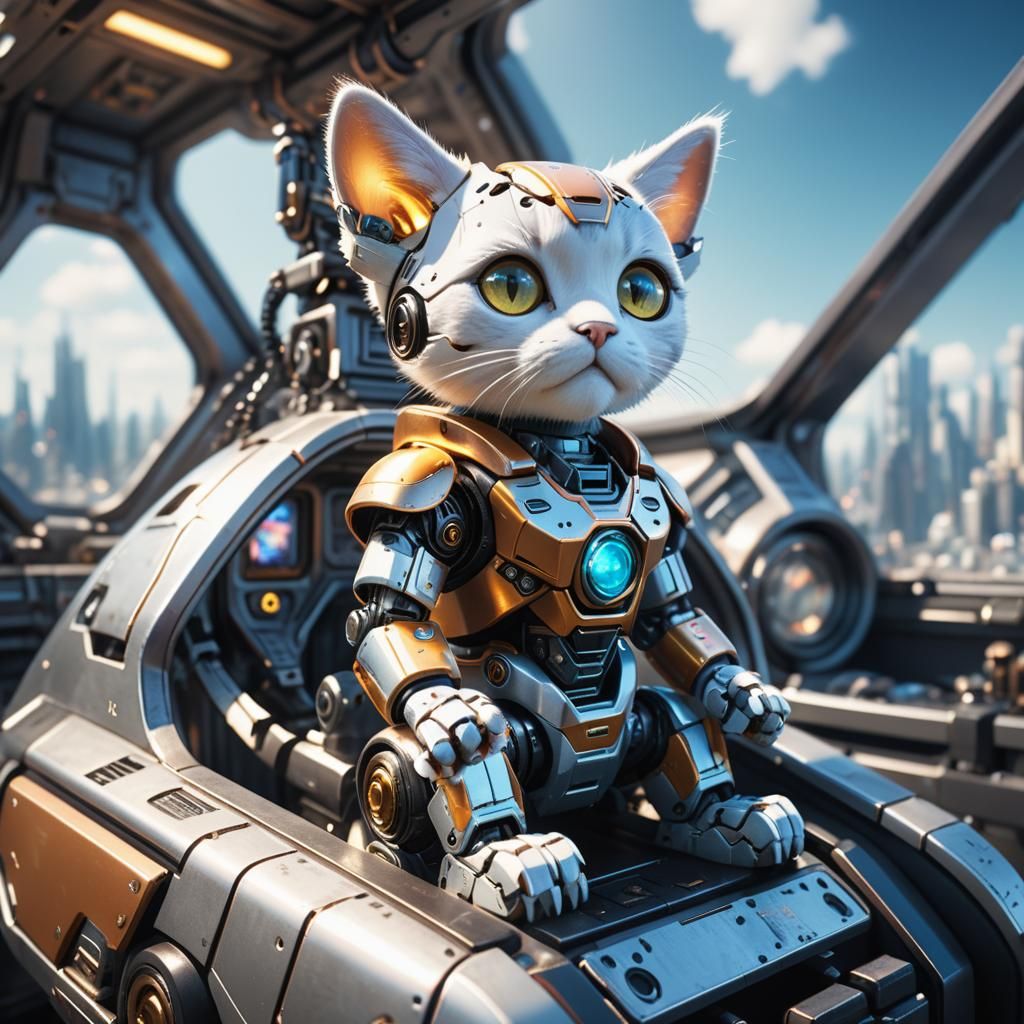 Adorable Mecha Cat Pilot in Futuristic Cockpit