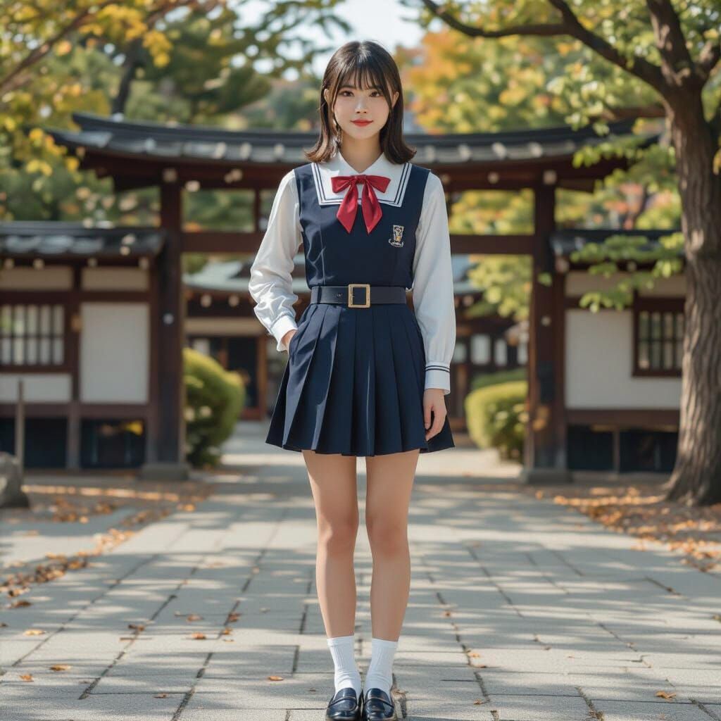 Kaori in Jumper Dress at Autumn Shrine Courtyard