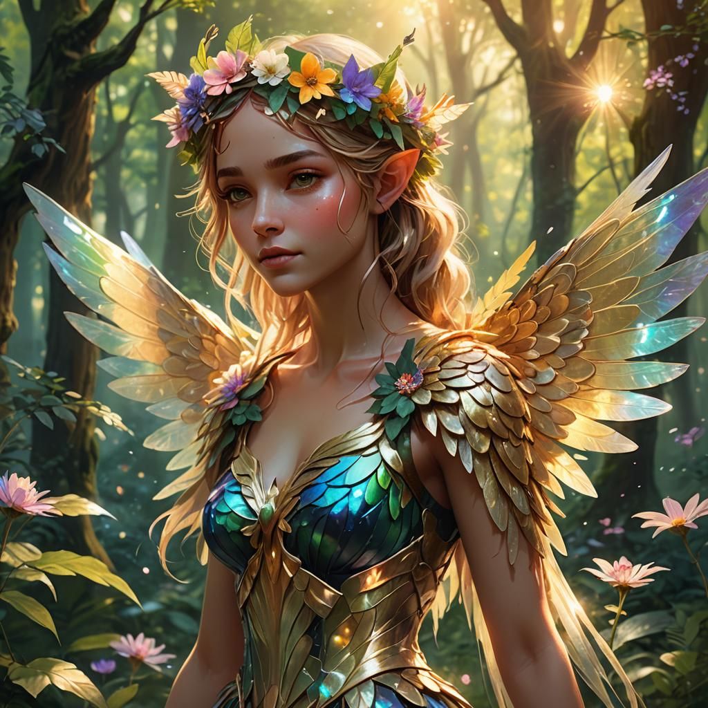 Delicate Summer Fae in Lush Forest: Ethereal Art