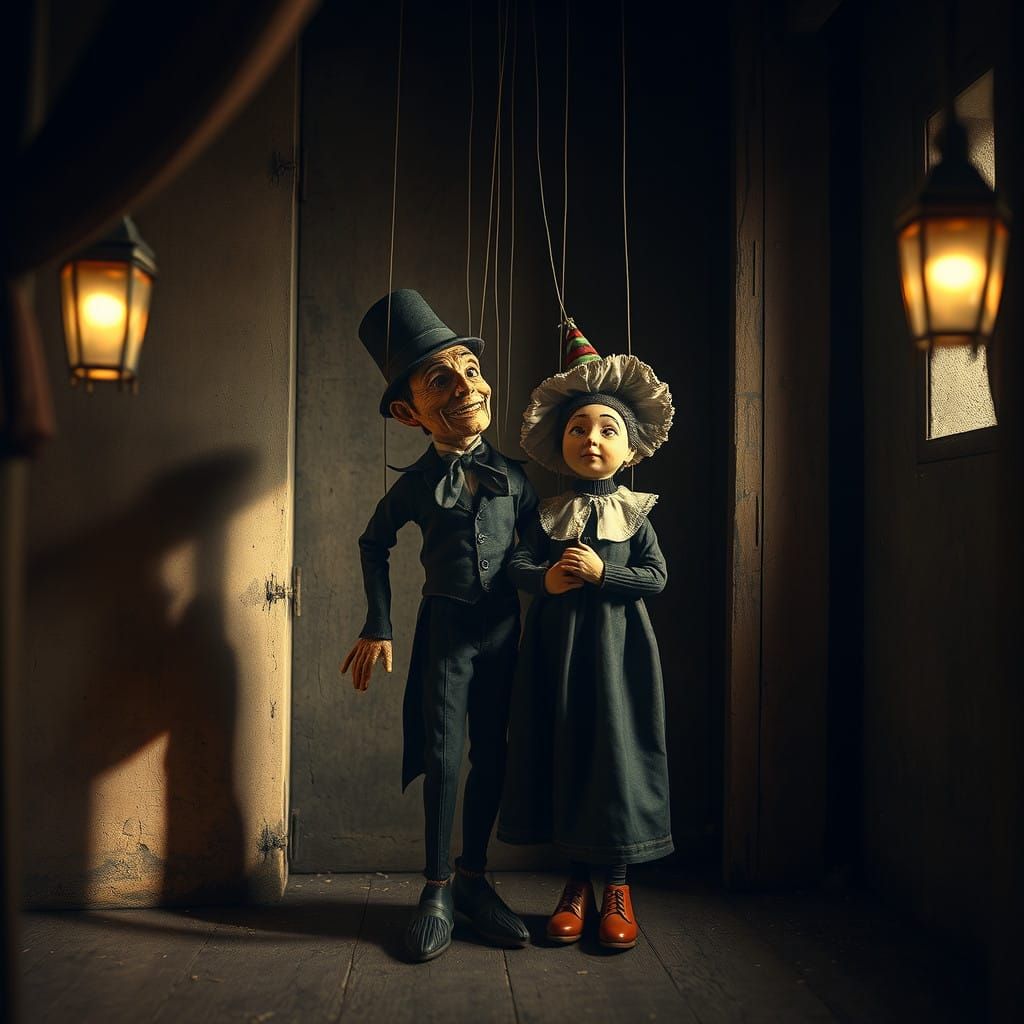 Vintage Toy Theatre Puppet Masterpiece in Dark Sepia