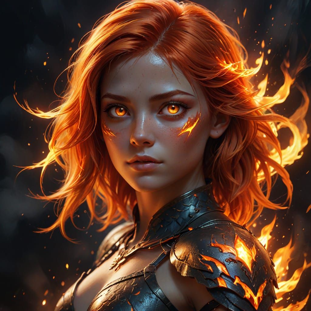 Fiery-Eyed Avatar with Blazing Hair, Digital Art