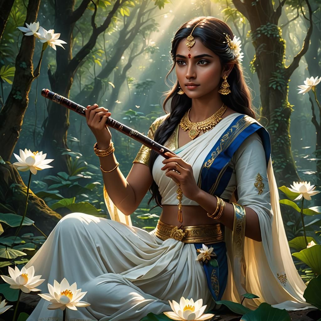 Divine Flute Player in Forest: Fantasy Concept Art
