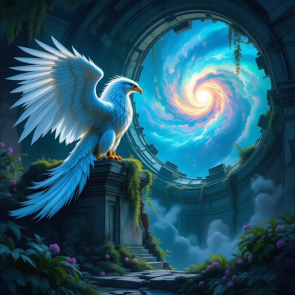 Griffin at Ancient Observatory Under Cosmic Nebula