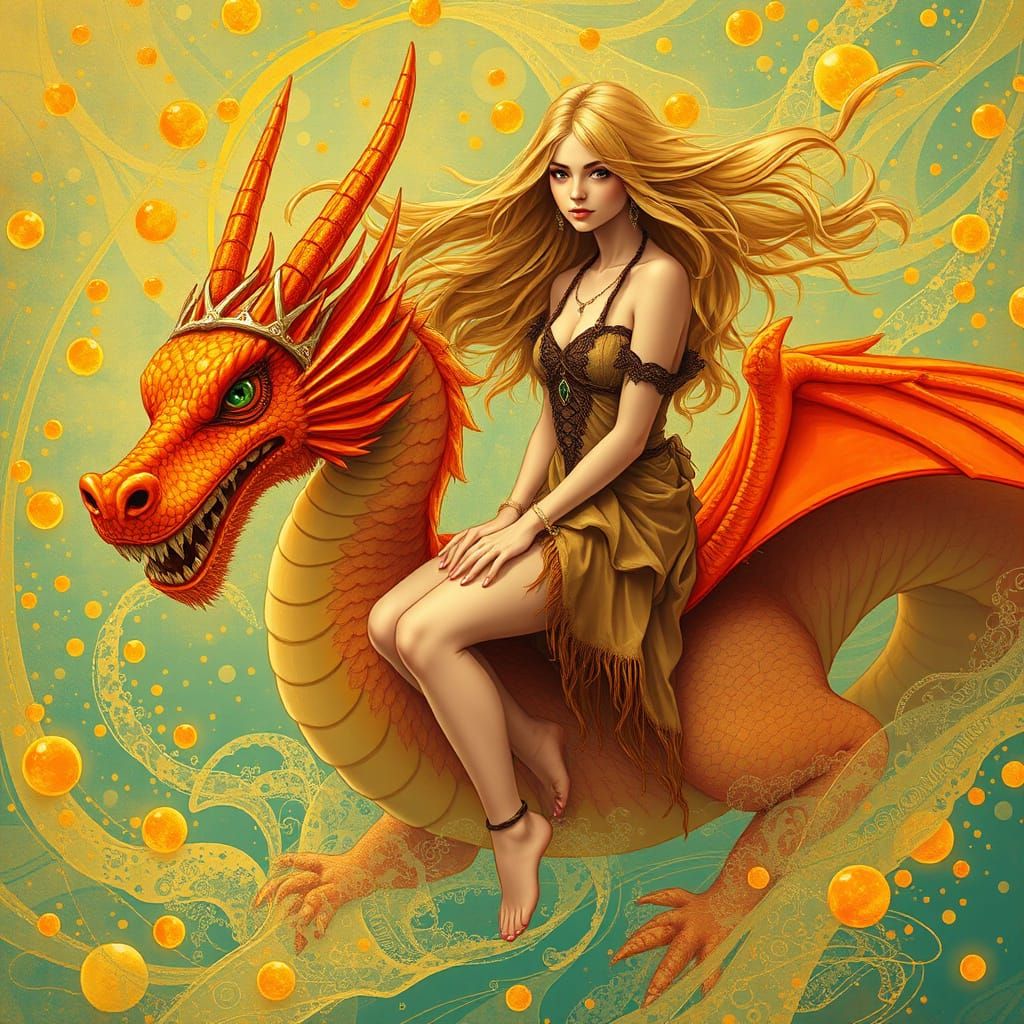 Woman on Gummy Dragon in Effervescent Soda Sea