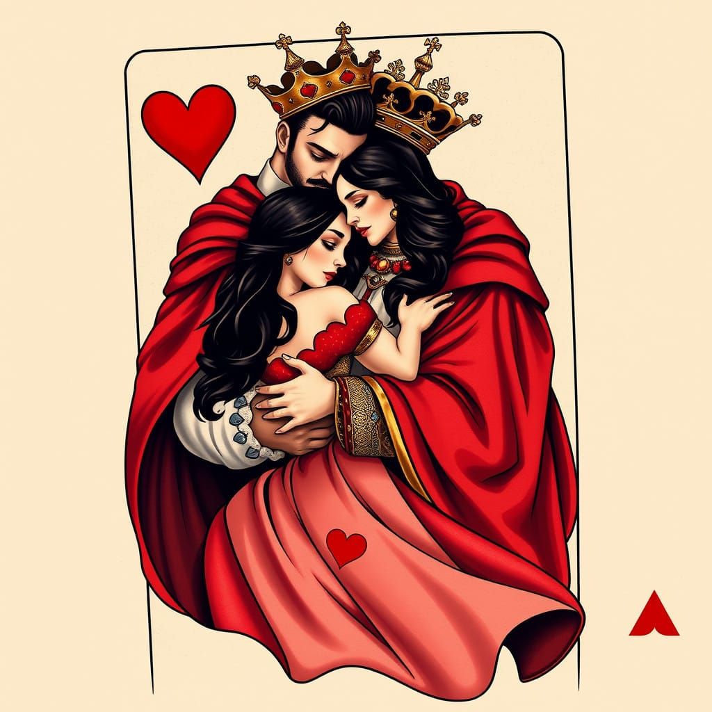 King and Queen of Hearts in Tender Embrace: Neo-Traditional....