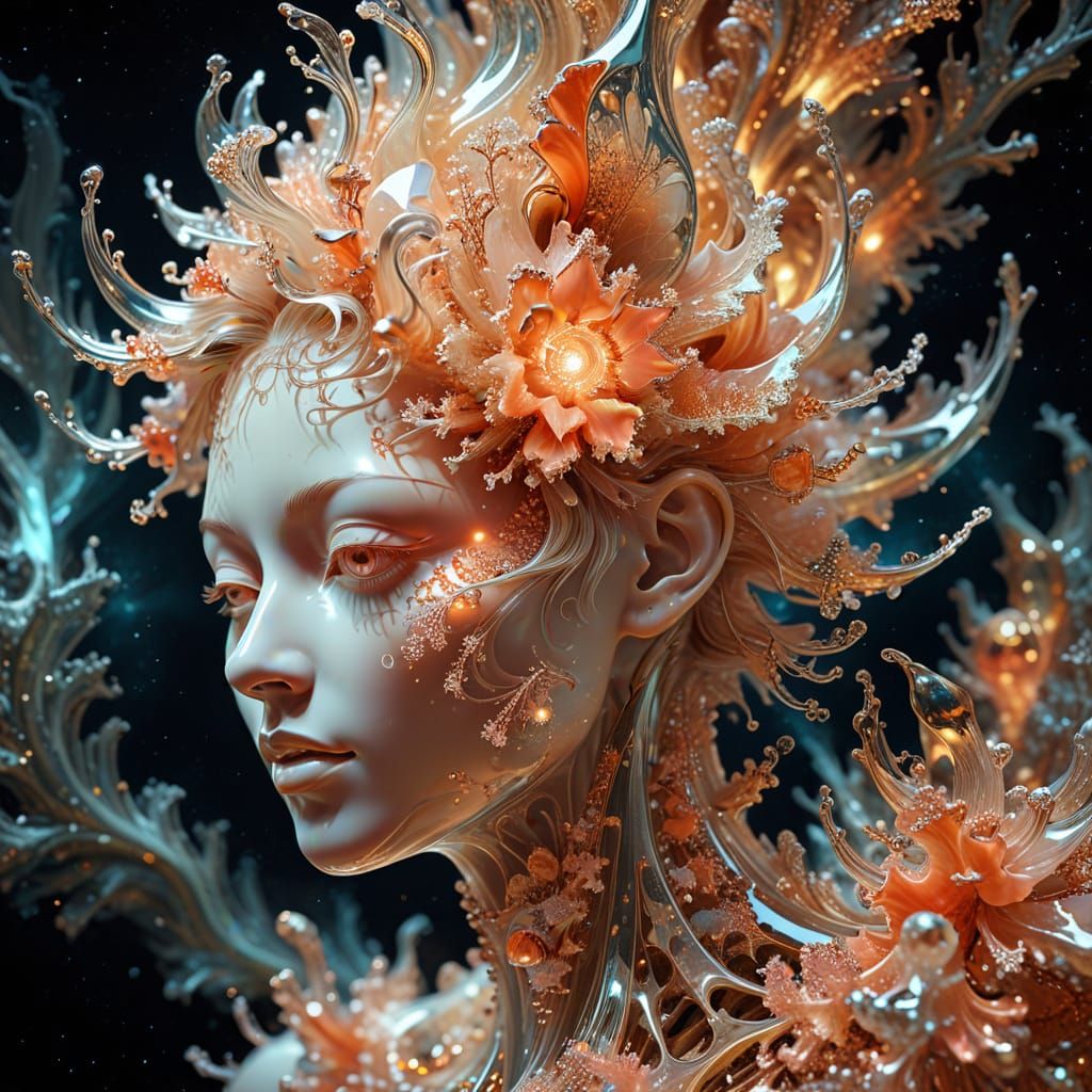 Glassy Crystalline Face With Coral Protrusions in Space