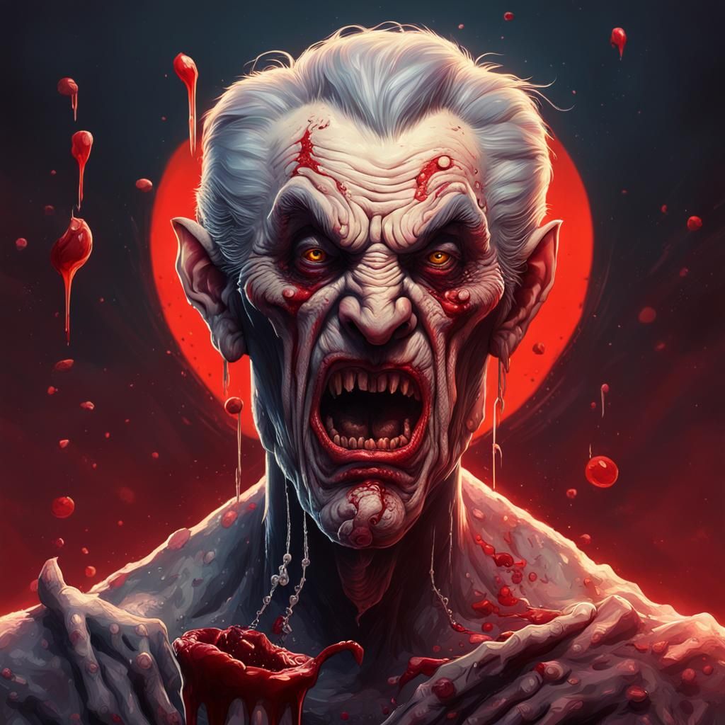Hyperrealistic Old Vampire Drinking Blood in Dramatic Lighti...