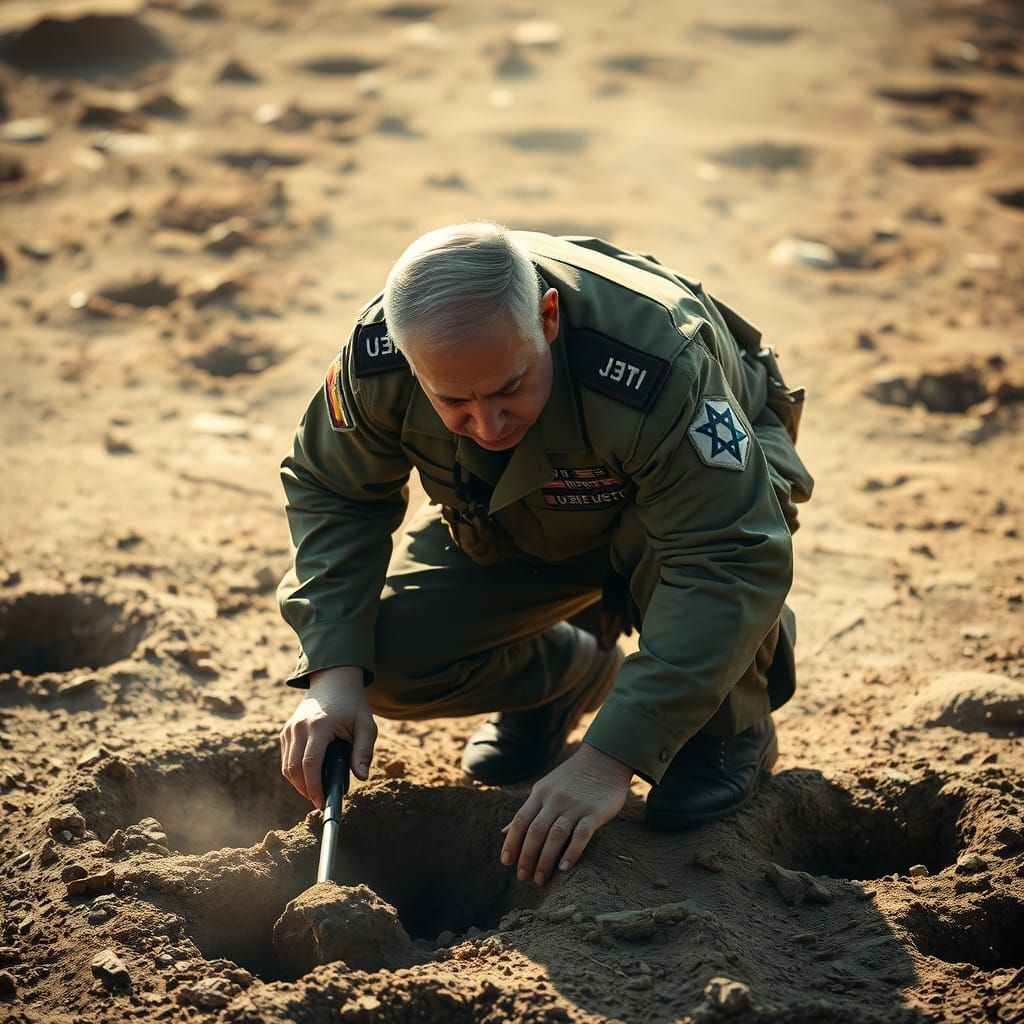 Netanyahu Digging in Dusty Terrain: A Dramatic Scene
