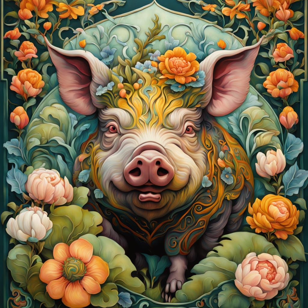 Jugendstil Pig Mural in Vibrant Garden