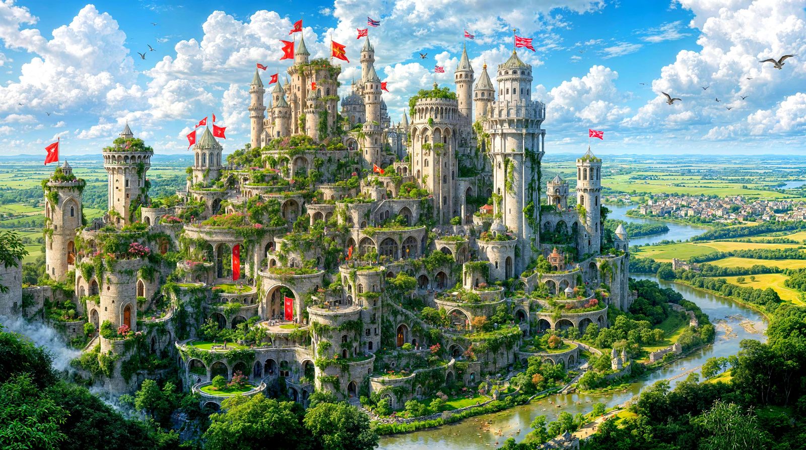 Eco-Castle of Stainless Steel Towers Amidst Verdant Gardens