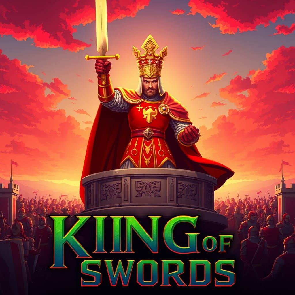 Majestic King in Red Battle Armour Surveys Adoring Knights