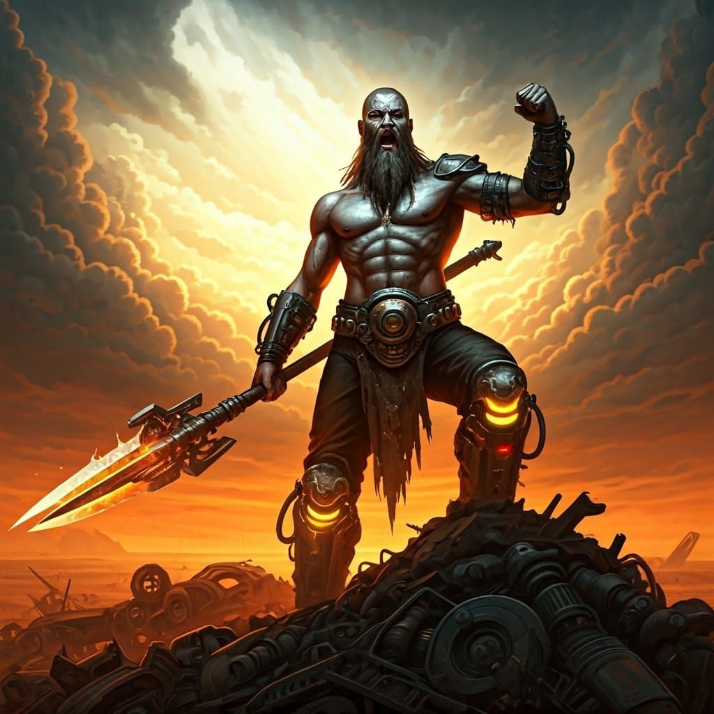 Cyberpunk Warrior on Scrap Heap, Post-Apocalyptic Viking
