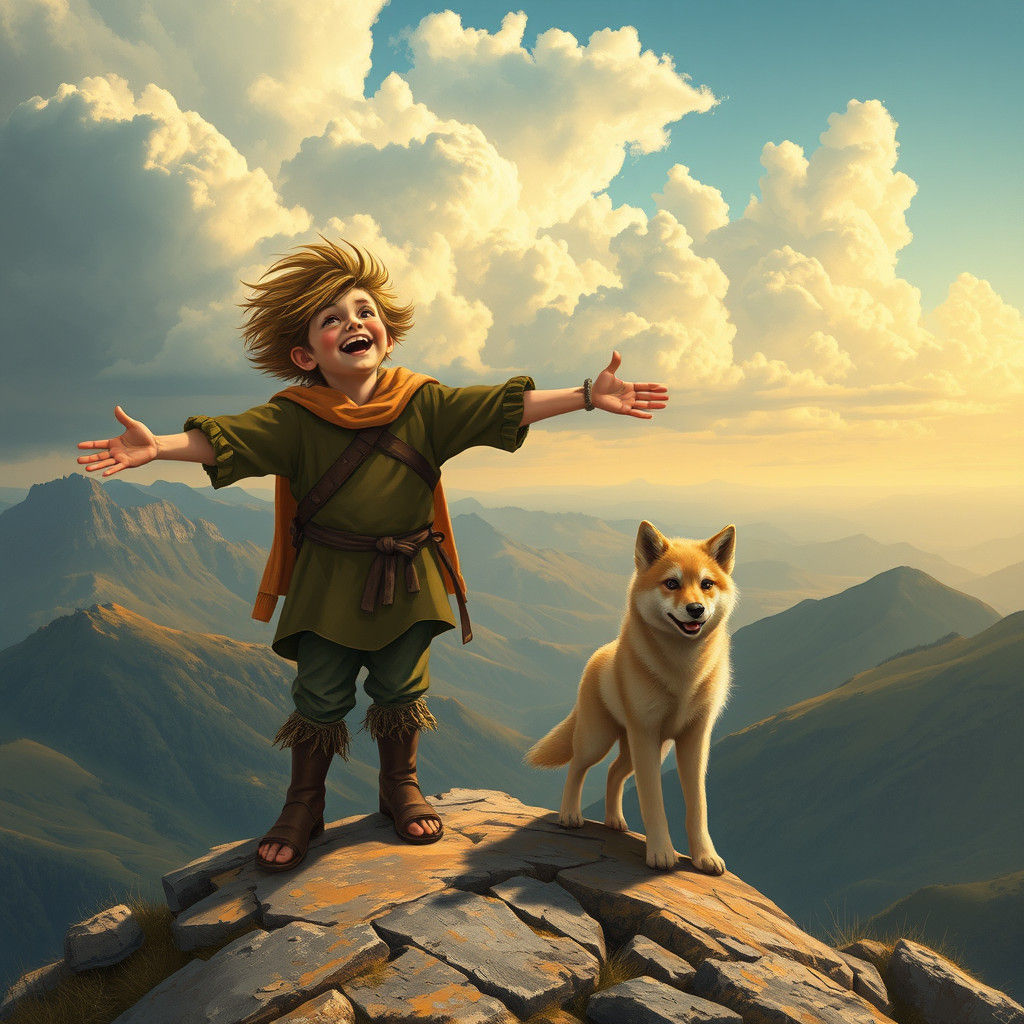 Boy and Wolf Pup Howling on Hilltop