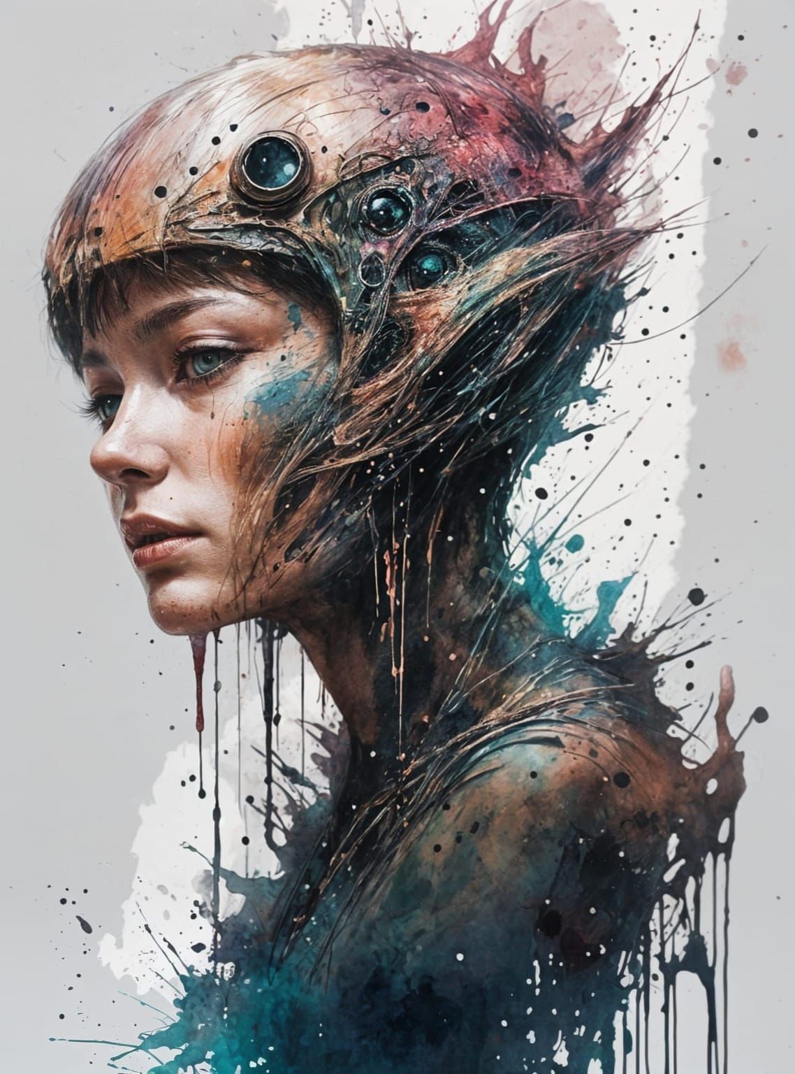 Dramatic Alien Portrait with Ink Splashes