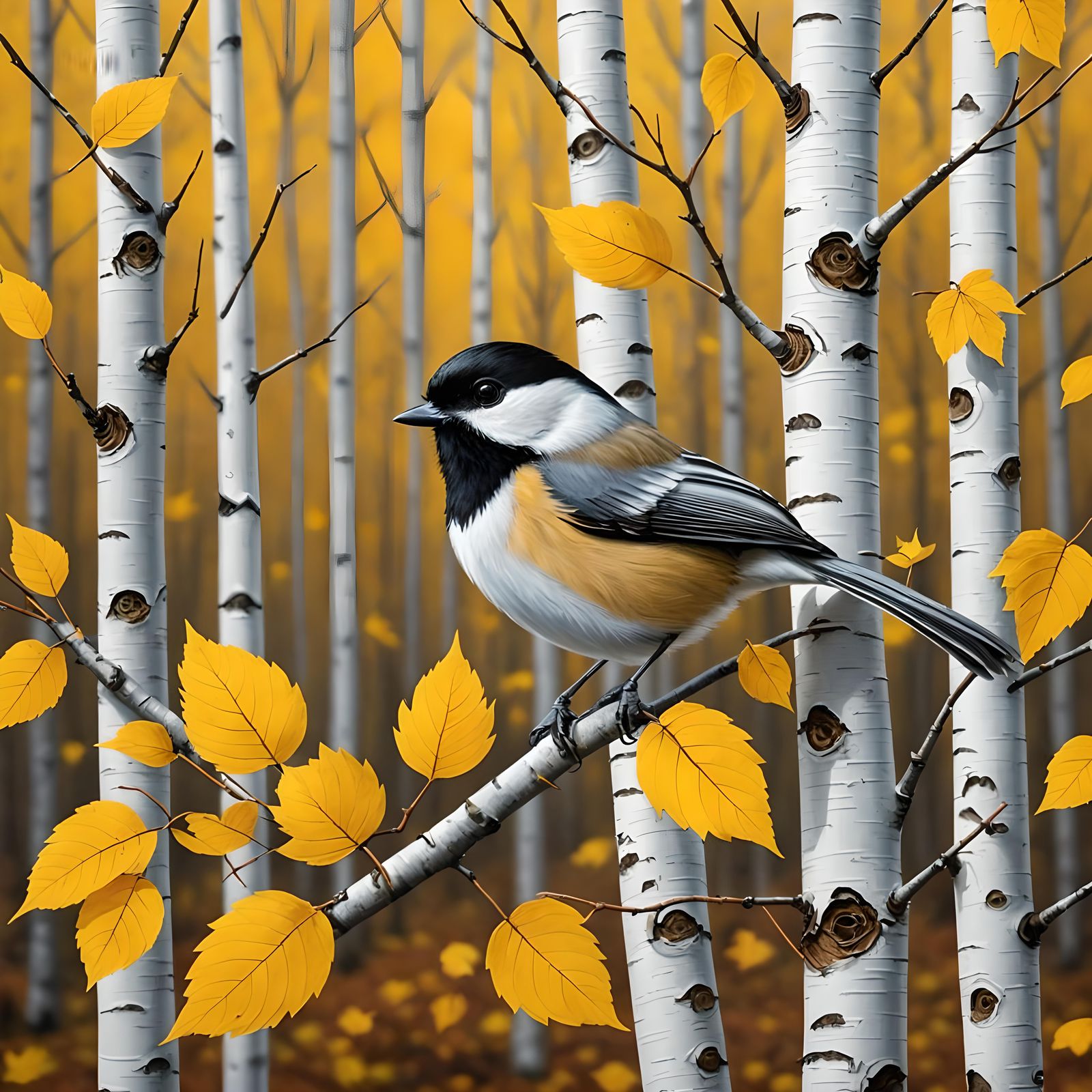 Chickadee Bird in Birch Tree Forest