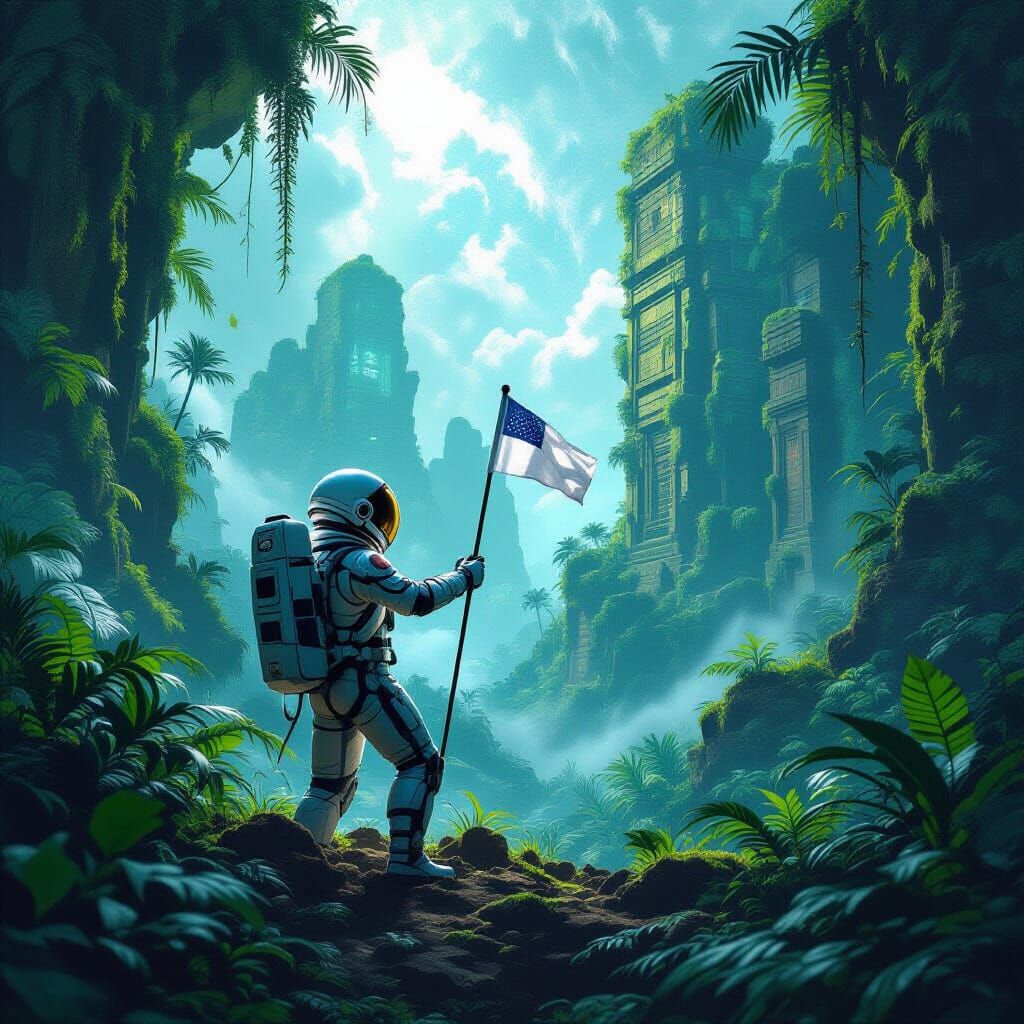 Astronaut Plants Flag on Alien Jungle Planet with Ruins