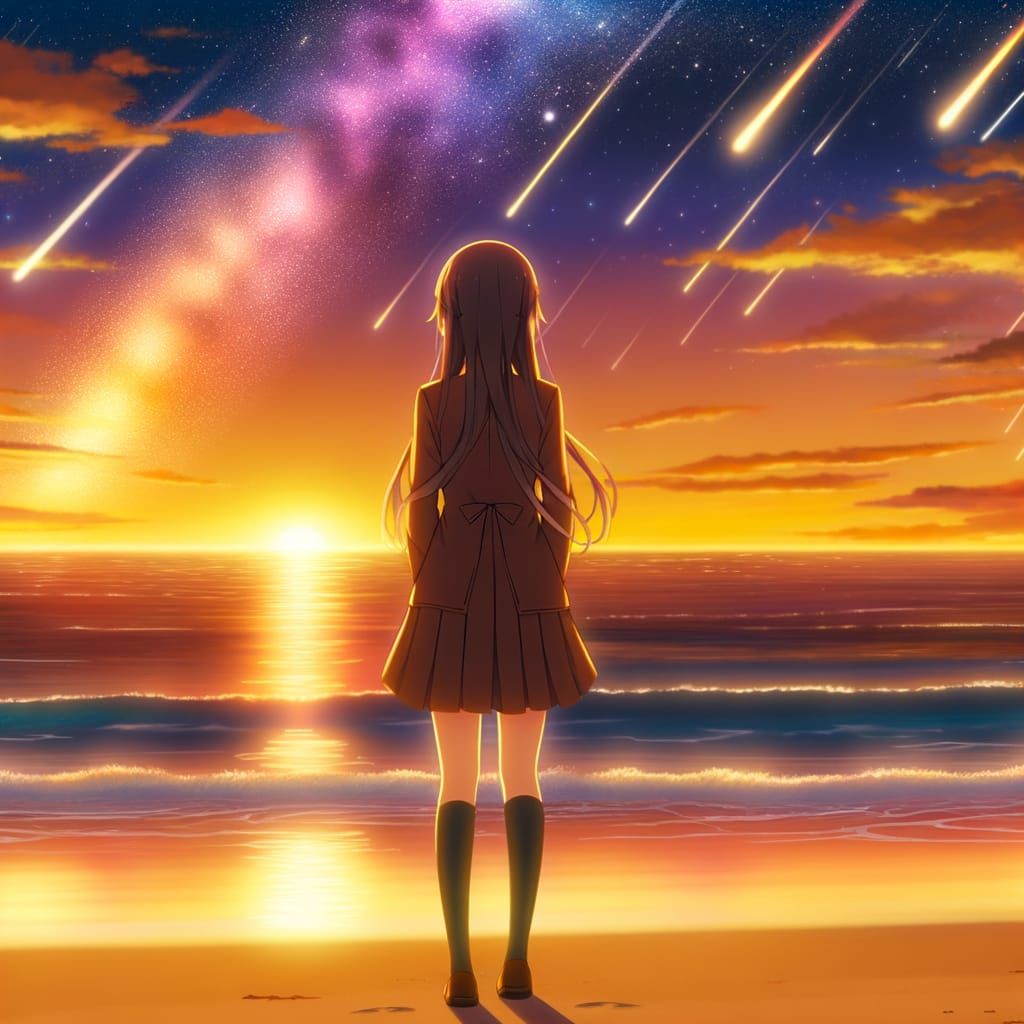 Anime Girl Watches Sunset Meteor Shower on Beach