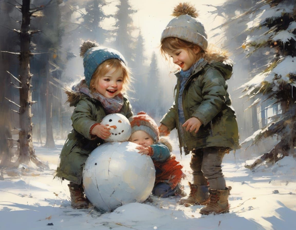 Toddler Siblings Build Snowman in Sunny Winter Scene