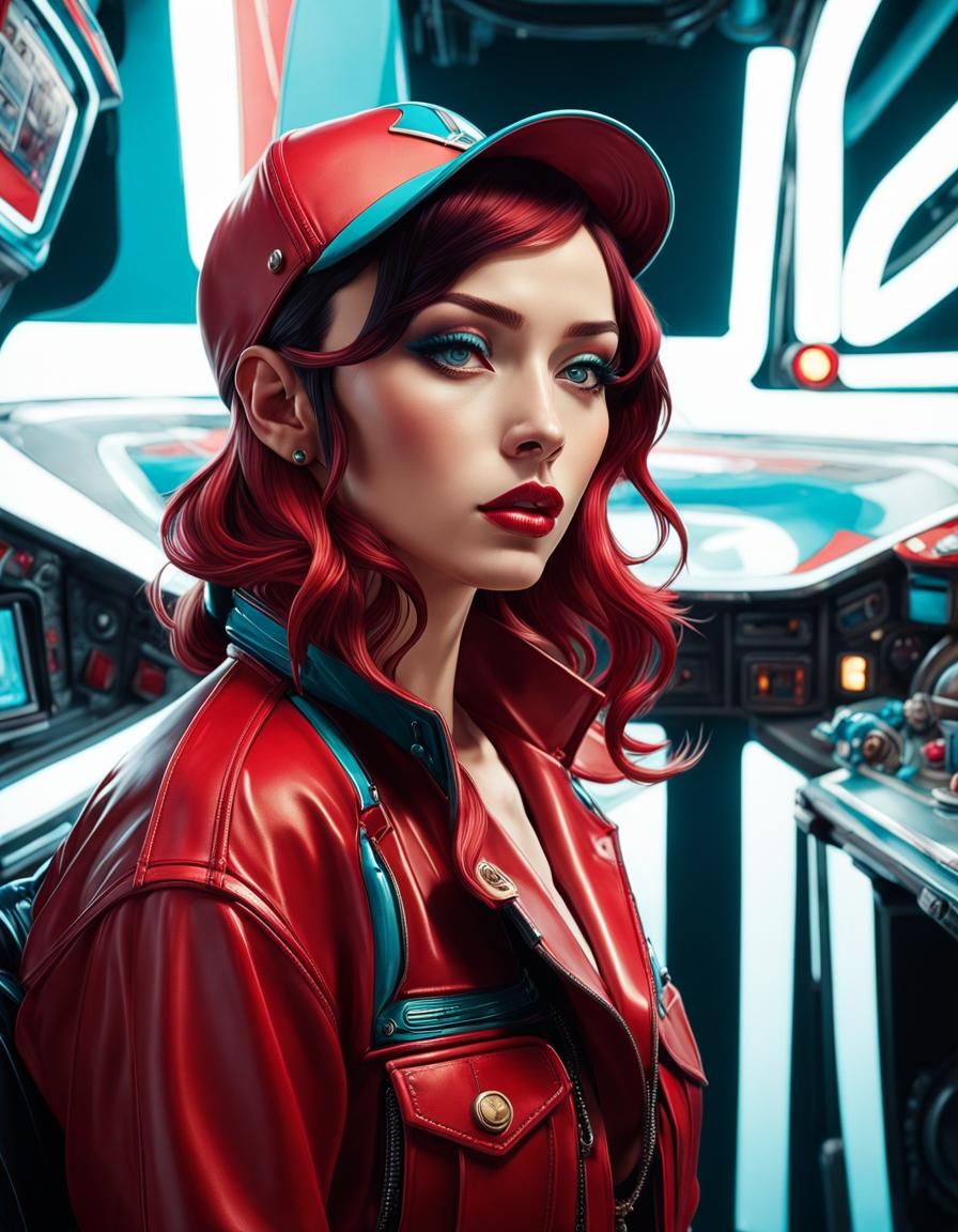 Turquoise Alien Mechanic Portrait in Art Nouveau Style