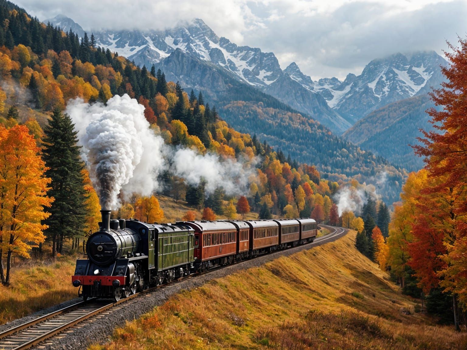 Alpine Autumn Panorama with Romantic Steam Train