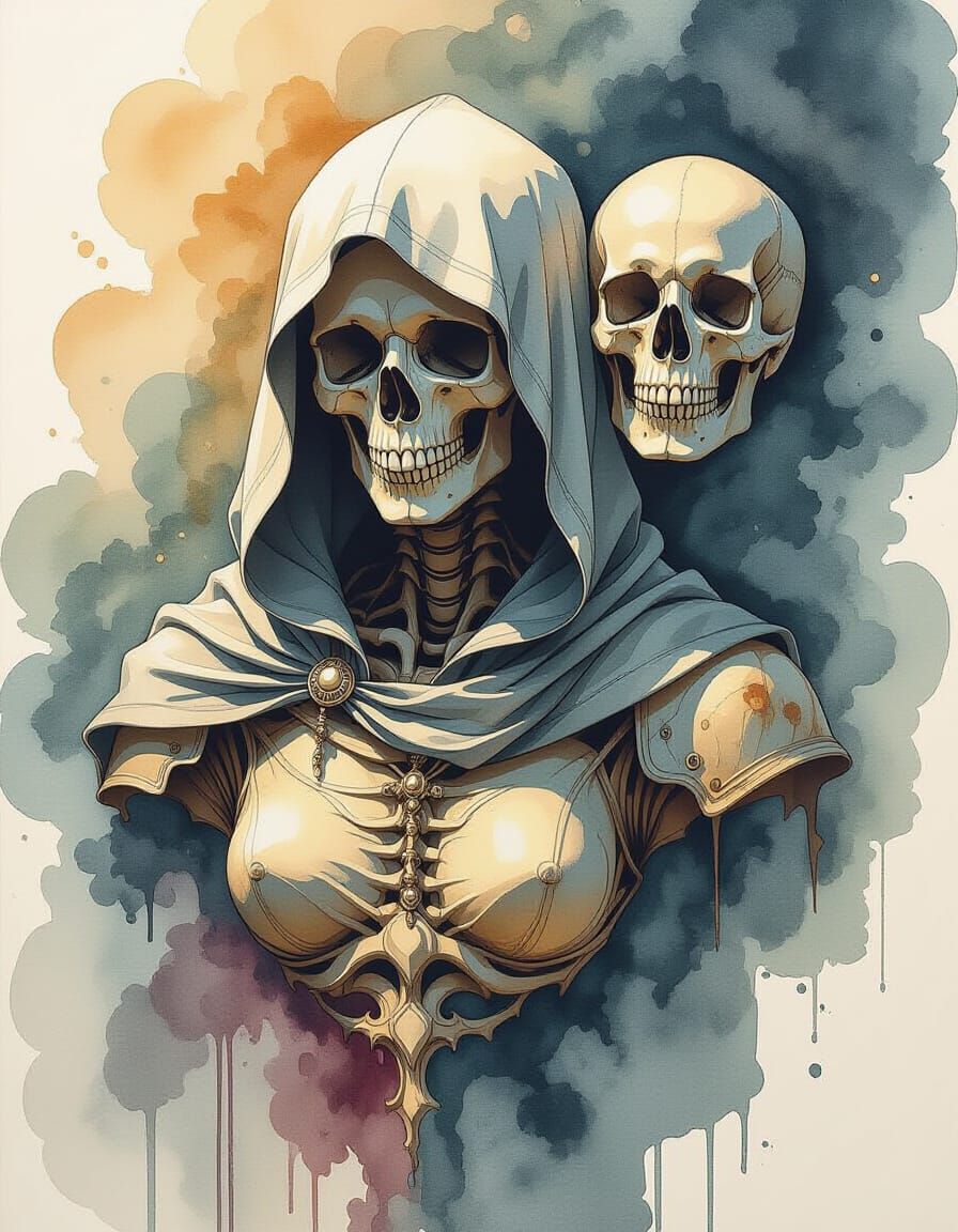 Ethereal Cloaked Figure with Floating Skull in Art Deco Styl...