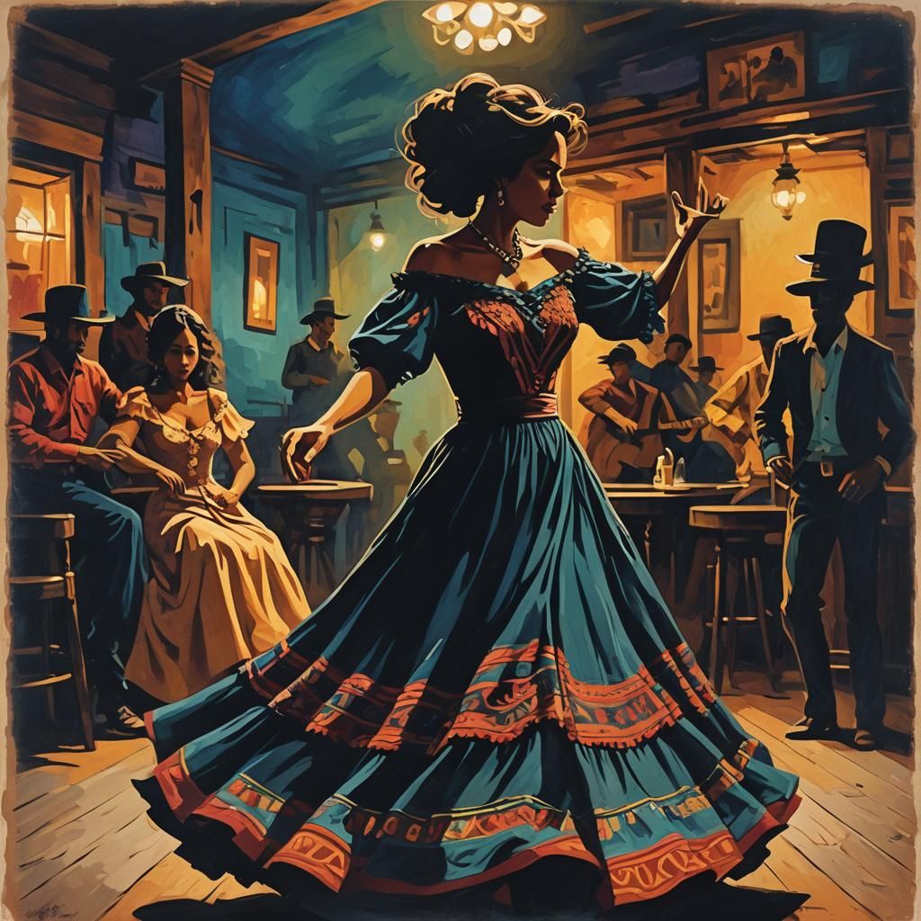 Abstract Silhouette: Mexican Dancer in Old West Saloon