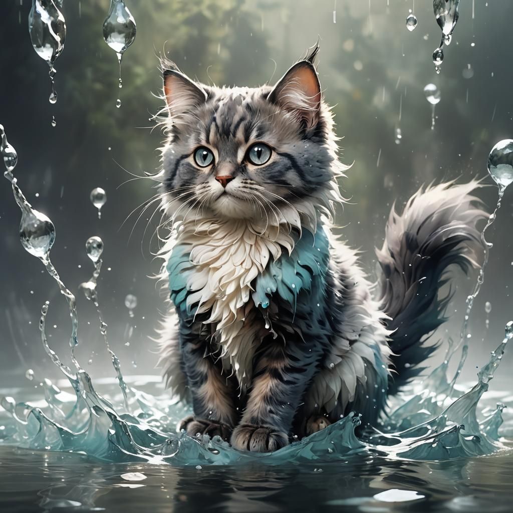 Adorable Water Cat Portrait in Whimsical Style