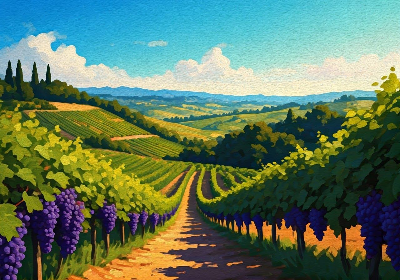 Ethereal Gouache Landscape of Vineyard Bliss