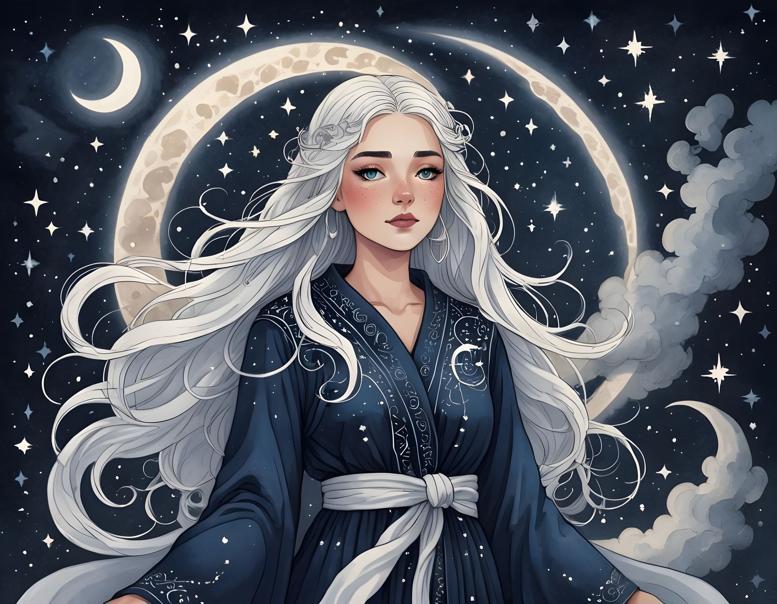 Mystical Lunar Enchantress with Night Sky Hair and Crescent...