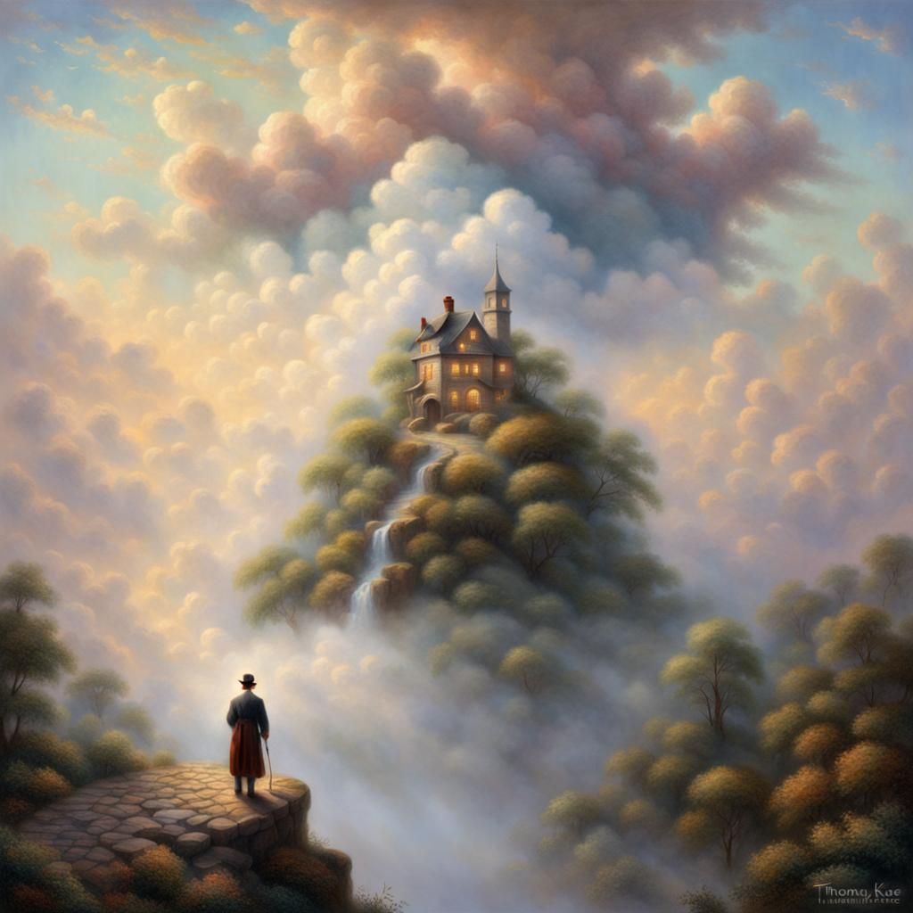 Ethereal Cloud-Headed Man in Fantasy Landscape