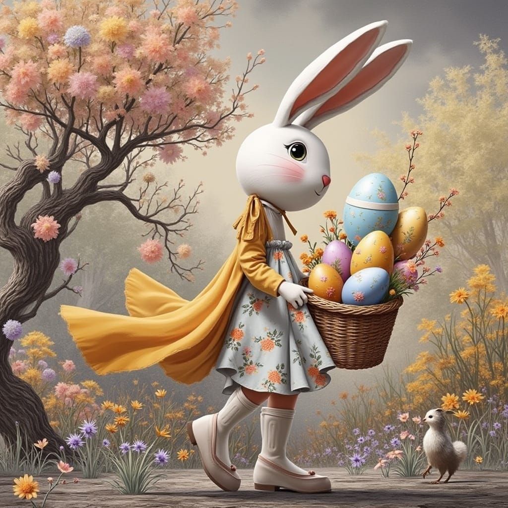 Easter Egg Maiden in Whimsical Spring Landscape